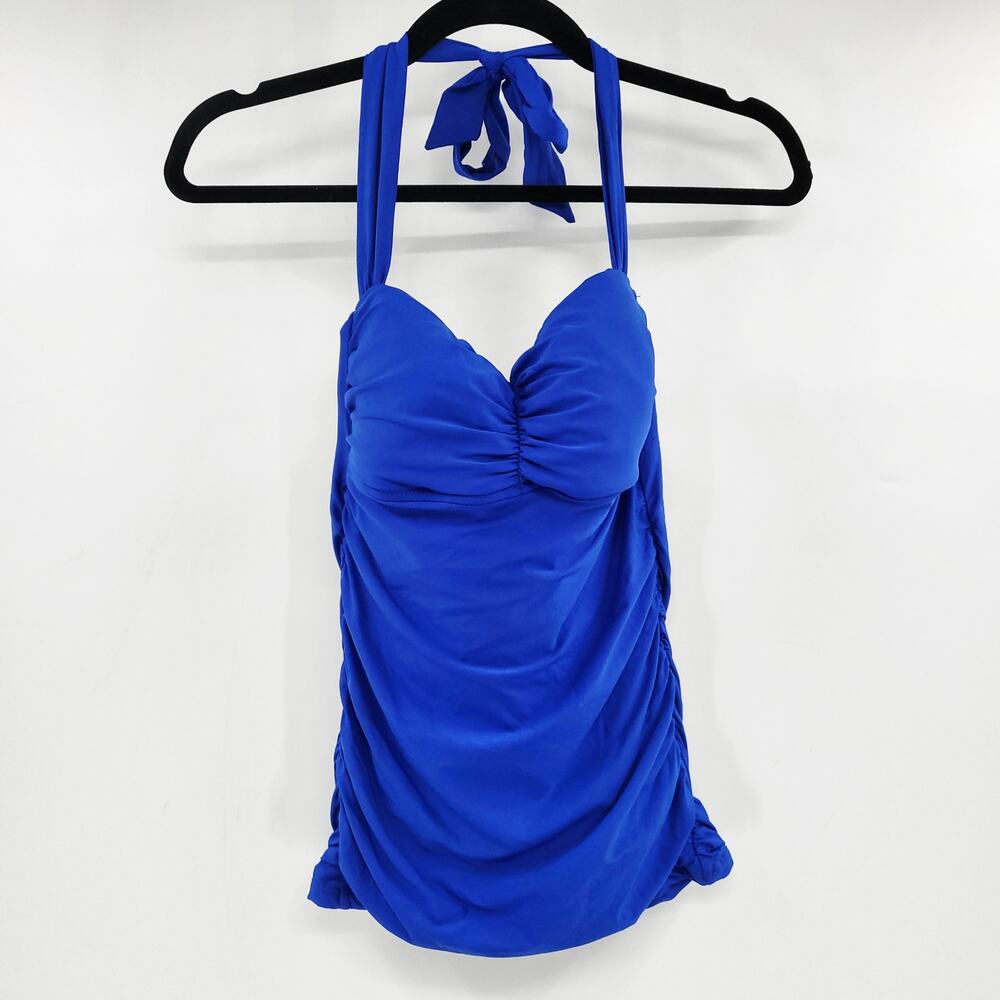 Helen Jon Vibrant Blue Halter Neck Ruched Sides Tankini Swim Top Women's Size S